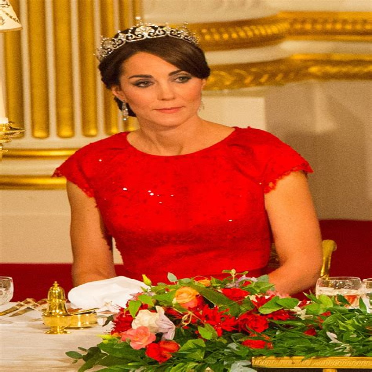 Kate Middleton Wears Red Gown and Tiara at Her First State Banquet